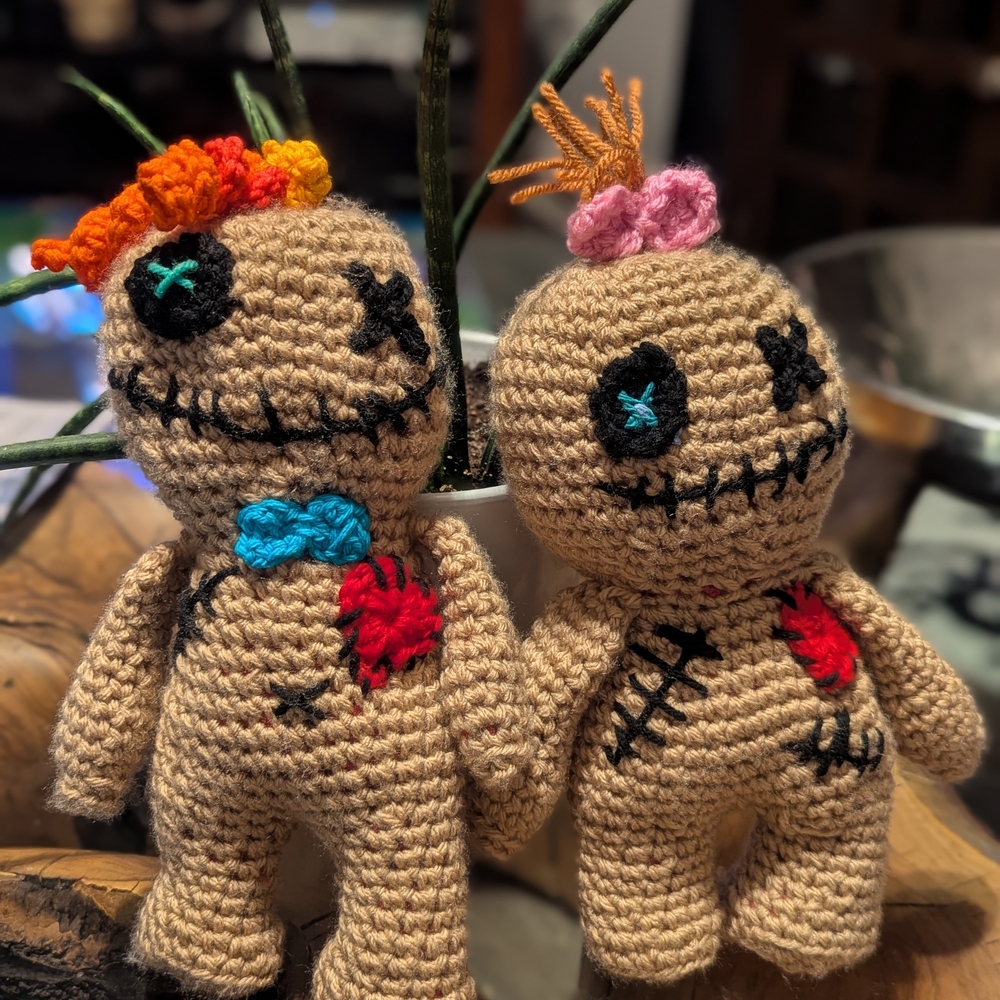 Handmade Crochet Voodoo Dolls - Tan with Colorful Accents
